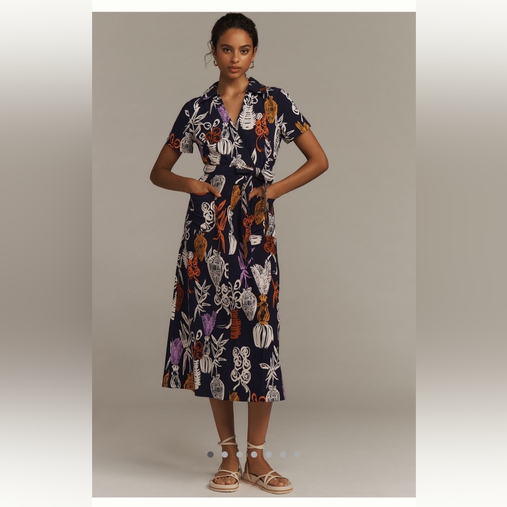 Anthropologie Navy Floral Midi Dress